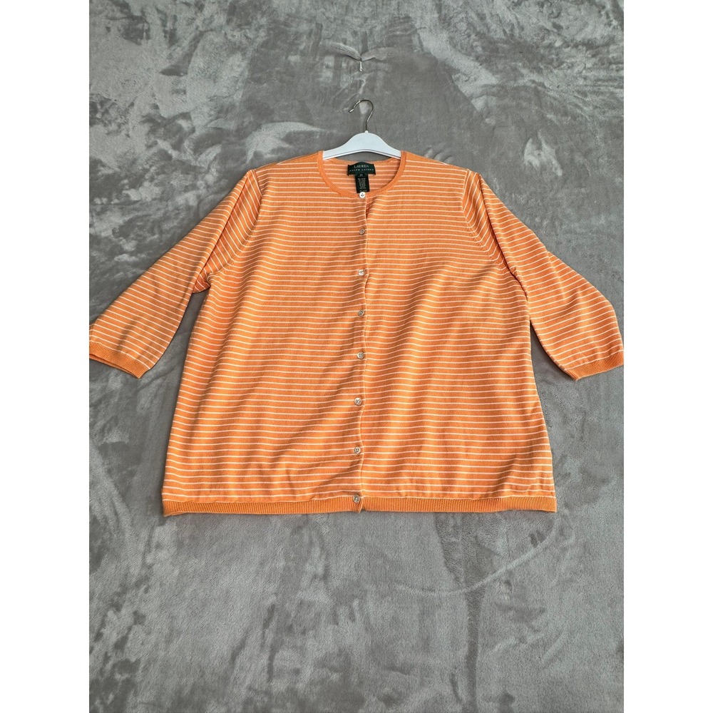 Lauren Ralph Lauren Orange White Stripe Cardigan Sweater 2X Cotton Nylon Blend